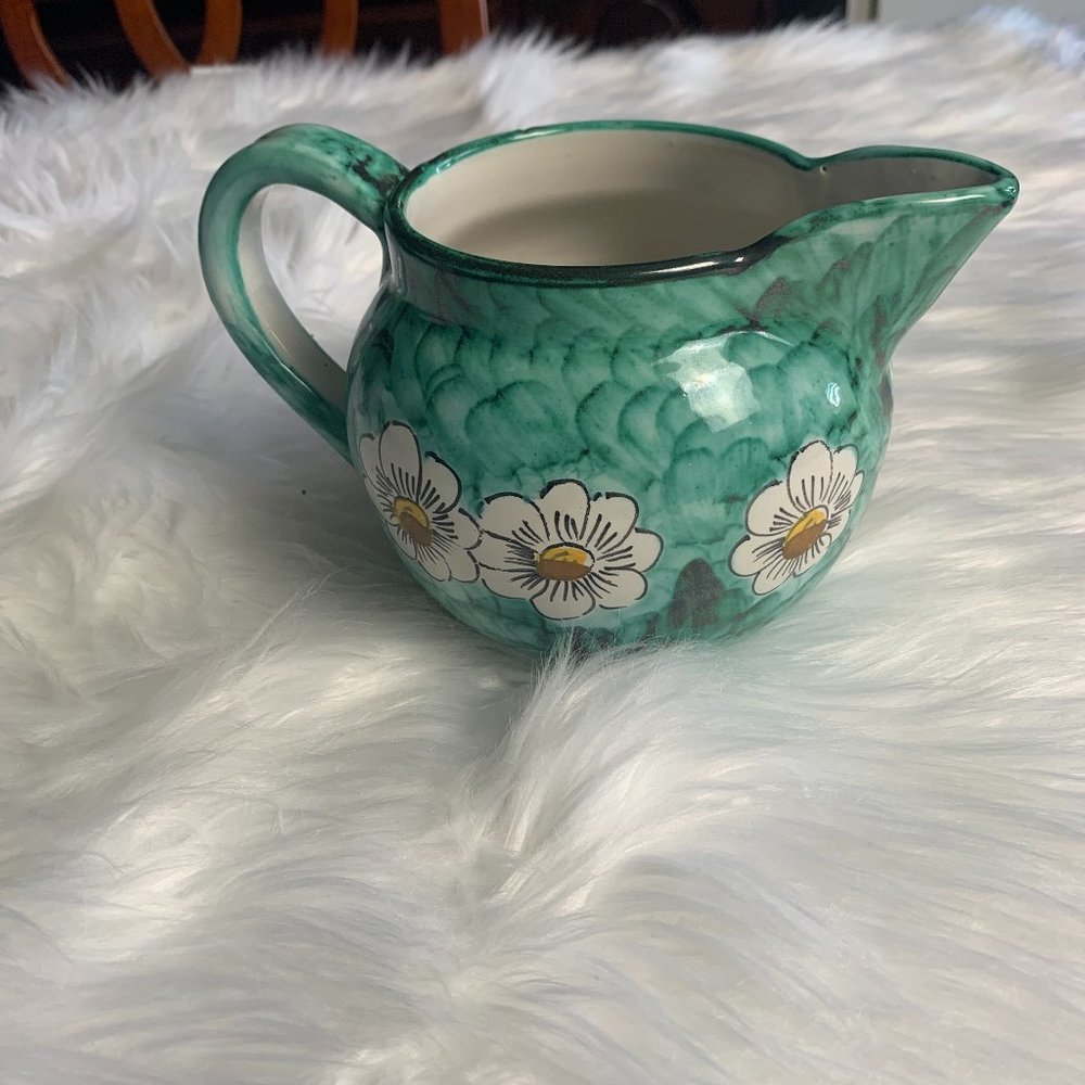 Hand Crafted Pottery Pitcher Green Yellow Floral Design and Structured Building
